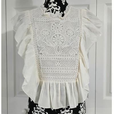 Joie Ivory Cotton Crochet Lace Ruffle Flutter Sleeve Peplum Blouse Top Large - Image 1
