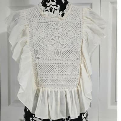 Joie Ivory Cotton Crochet Lace Ruffle Flutter Sleeve Peplum Blouse Top Large - Thumbnail 2