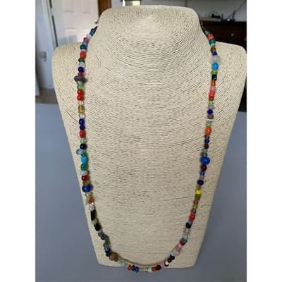 Vintage Multicolor Glass Bead Long Necklace 27" - Thumbnail 4