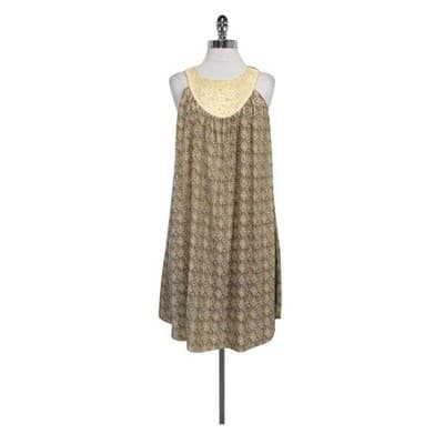 Sunner Silk Crochet Bib Shift Dress Geometric Diamond Print Tan Brown Medium - Image 1