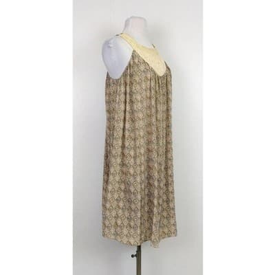 Sunner Silk Crochet Bib Shift Dress Geometric Diamond Print Tan Brown Medium - Thumbnail 9