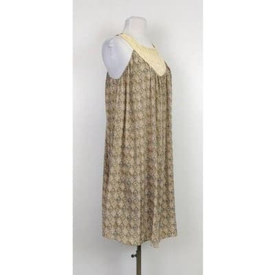 Sunner Silk Crochet Bib Shift Dress Geometric Diamond Print Tan Brown Medium - Thumbnail 8