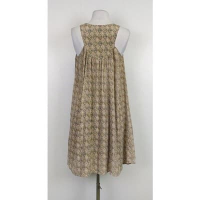 Sunner Silk Crochet Bib Shift Dress Geometric Diamond Print Tan Brown Medium - Thumbnail 2