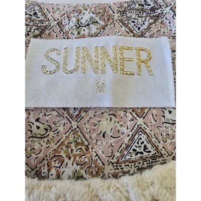 Sunner Silk Crochet Bib Shift Dress Geometric Diamond Print Tan Brown Medium - Thumbnail 3