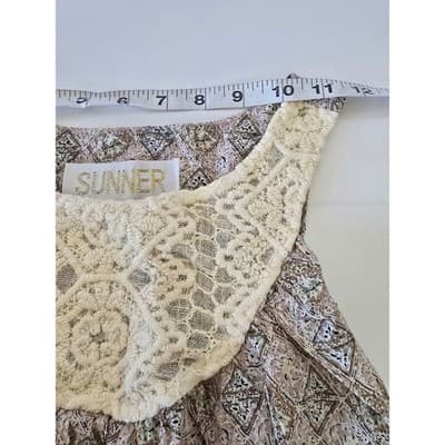 Sunner Silk Crochet Bib Shift Dress Geometric Diamond Print Tan Brown Medium - Thumbnail 7