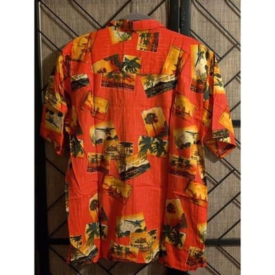 Joe Marlin Mens Aloha Hawaiian Shirt Tropical Beach Scene Red Size L - Thumbnail 2