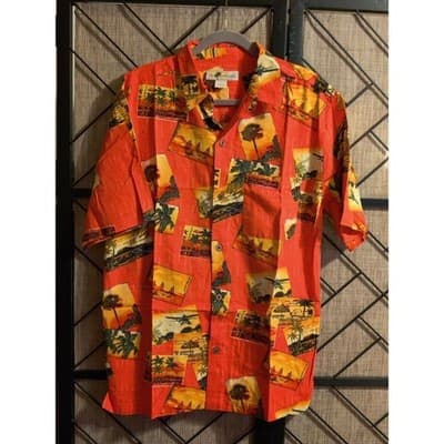 Joe Marlin Mens Aloha Hawaiian Shirt Tropical Beach Scene Red Size L - Image 1