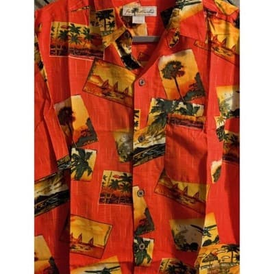 Joe Marlin Mens Aloha Hawaiian Shirt Tropical Beach Scene Red Size L - Thumbnail 9