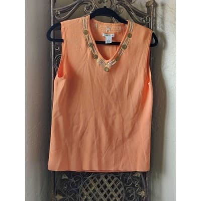 Laura Ashley Orange Beaded V Neck Sleeveless Sweater Tank Top Women's Medium - Image 1