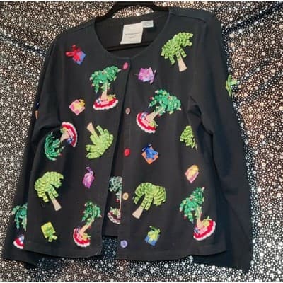 Black Holiday Palm Tree Gift Applique Cardigan Sweater Womens - Image 1