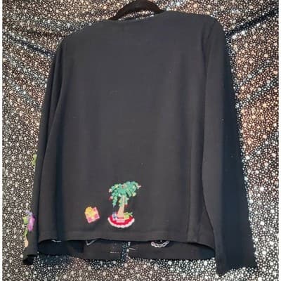 Black Holiday Palm Tree Gift Applique Cardigan Sweater Womens - Thumbnail 2