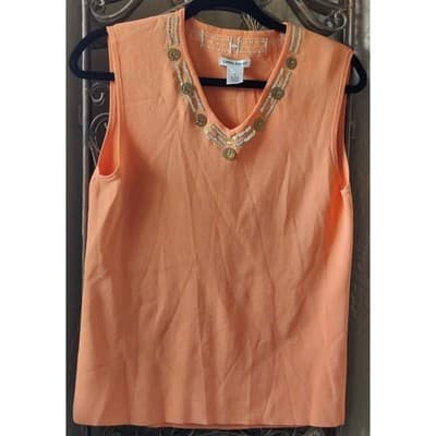 Laura Ashley Orange Beaded V Neck Sleeveless Sweater Tank Top Women's Medium - Thumbnail 3