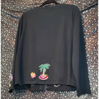 Black Holiday Palm Tree Gift Applique Cardigan Sweater Womens - Thumbnail 7