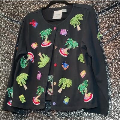 Black Holiday Palm Tree Gift Applique Cardigan Sweater Womens - Thumbnail 8
