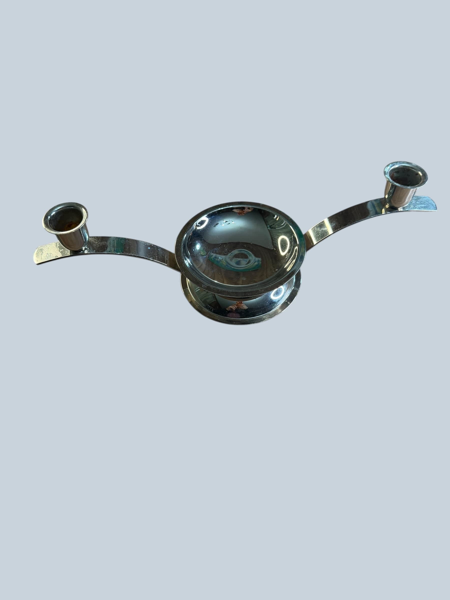 Silver Chrome 2-Arm Candleholder Candelabra Art Deco Modern Dome Base Double - Image 1