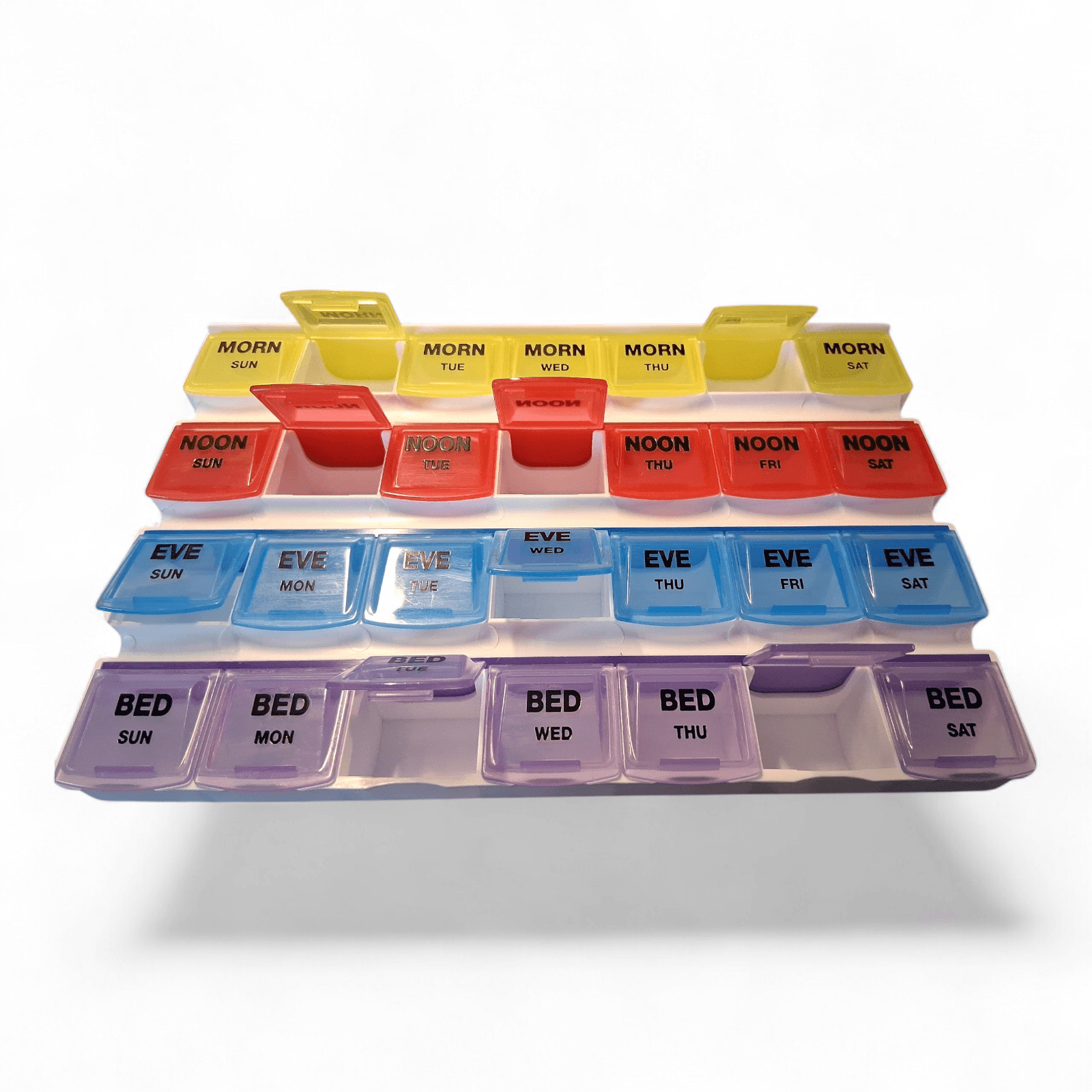 7-Day Plastic Pill Organizer, Color Coded Lids, Organize Medicines for 4 X Day - Image 1