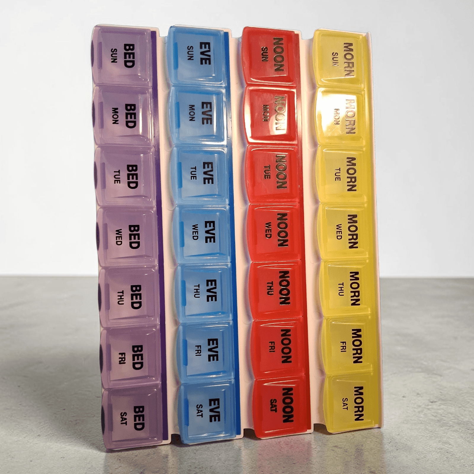 7-Day Plastic Pill Organizer, Color Coded Lids, Organize Medicines for 4 X Day - Thumbnail 3