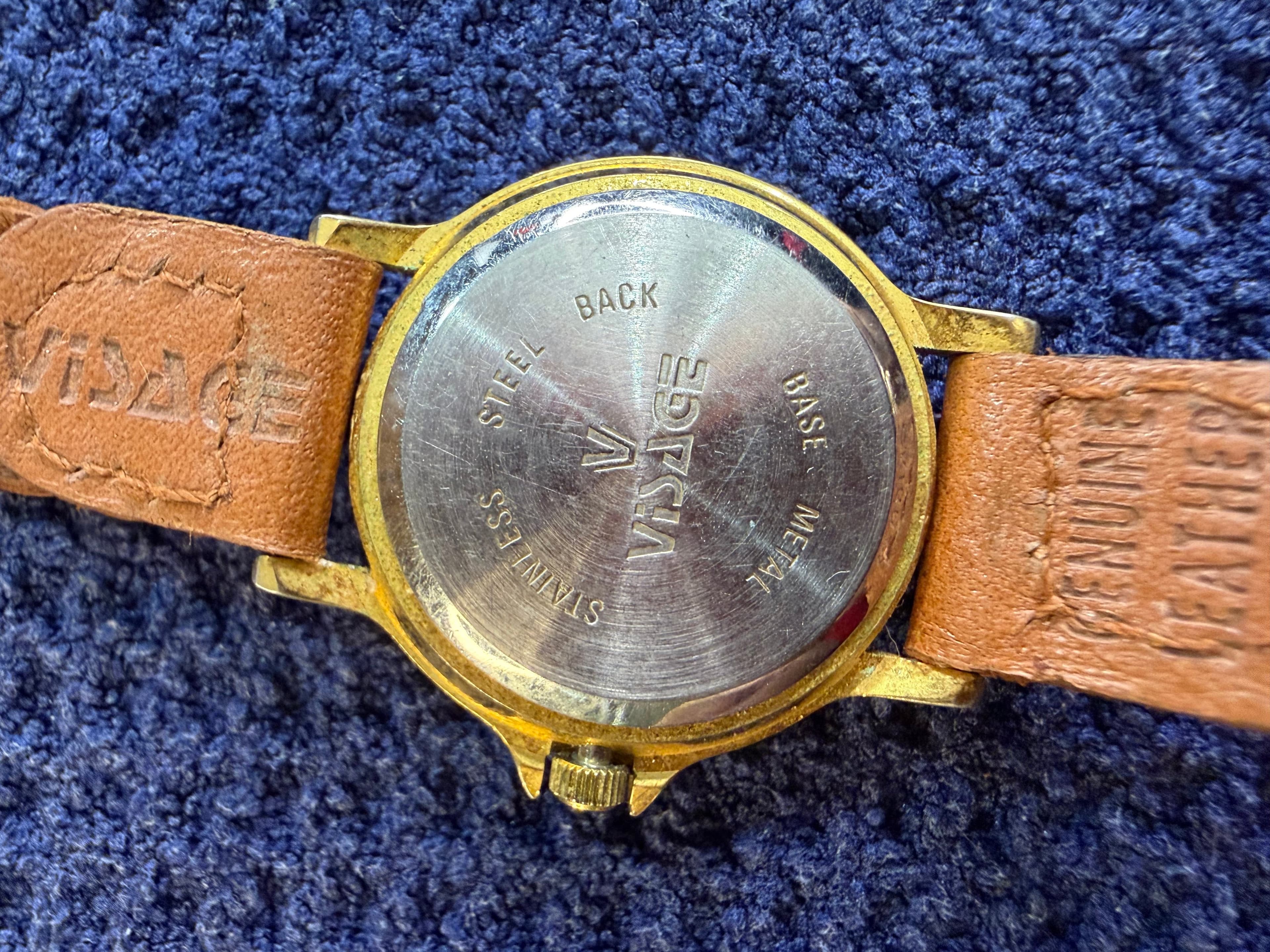 Vintage Visage Quartz Watch Gold Tone Braided Genuine Leather Strap Japan Movt - Thumbnail 2