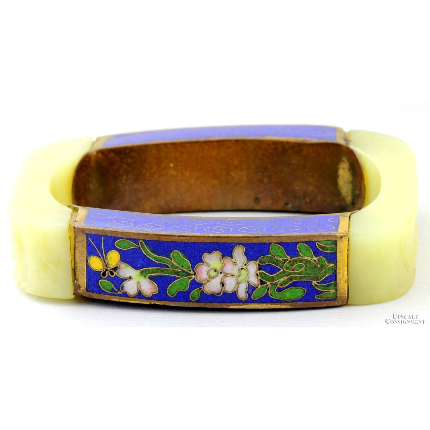 Carved Serpentine & Cloisonné Enamel Panel Bangle - 83.97G - Size 7-7.25 - Image 1
