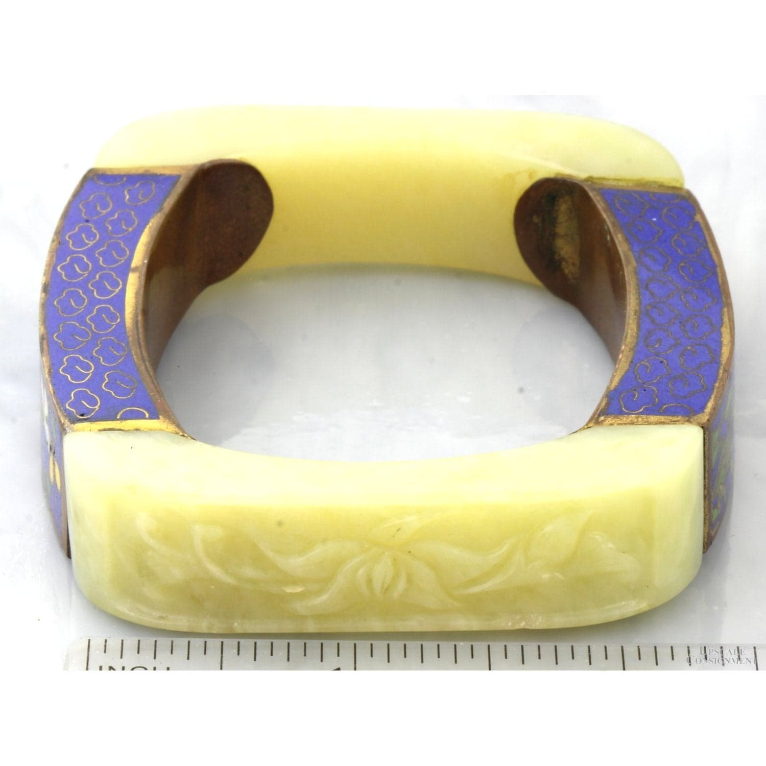 Carved Serpentine & Cloisonné Enamel Panel Bangle - 83.97G - Size 7-7.25 - Thumbnail 4