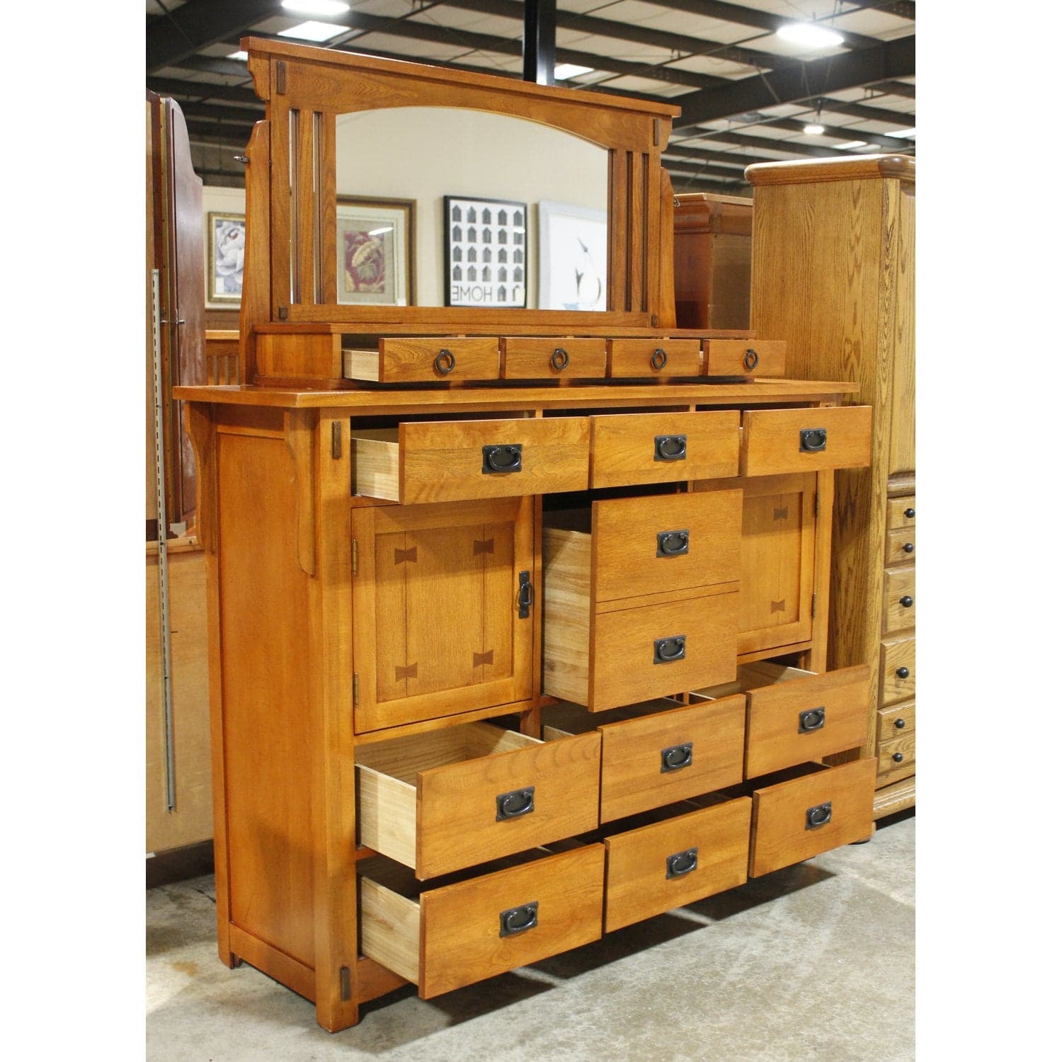 Oak Furniture Warehouse Mission Style Oak Mule Dresser w/Mirror - Thumbnail 2