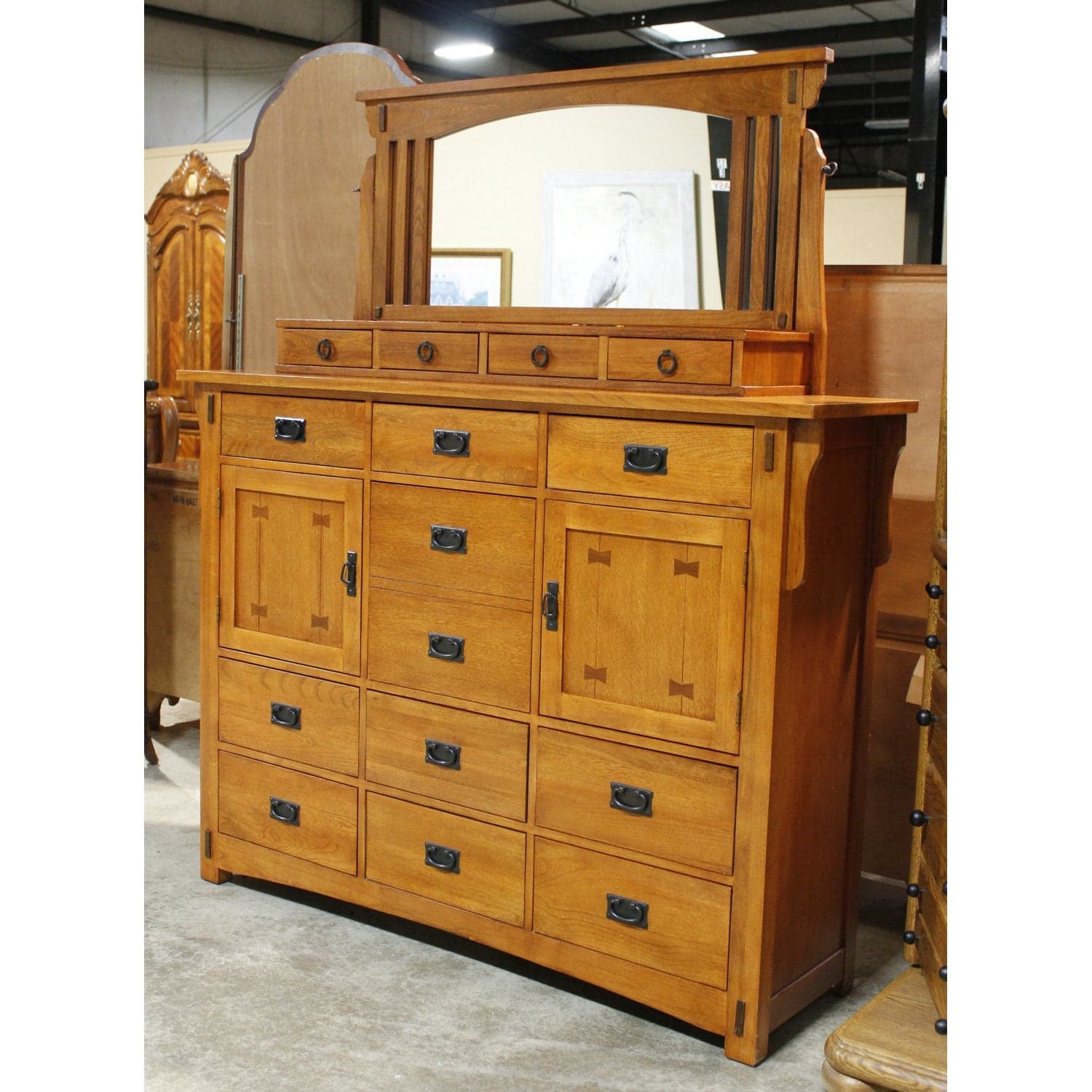 Oak Furniture Warehouse Mission Style Oak Mule Dresser w/Mirror - Thumbnail 4
