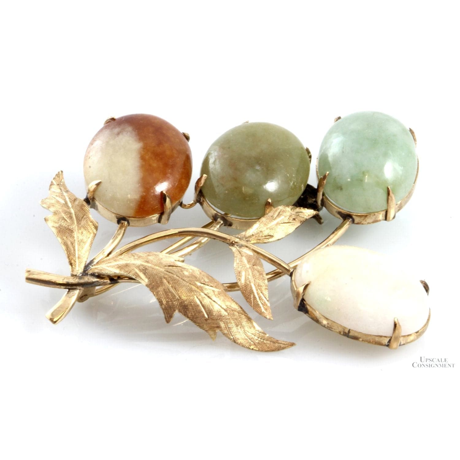 38ctw Nephrite Jade 9K Yellow Gold Botanical Motif Brooch - 2.125"(l) - Thumbnail 2