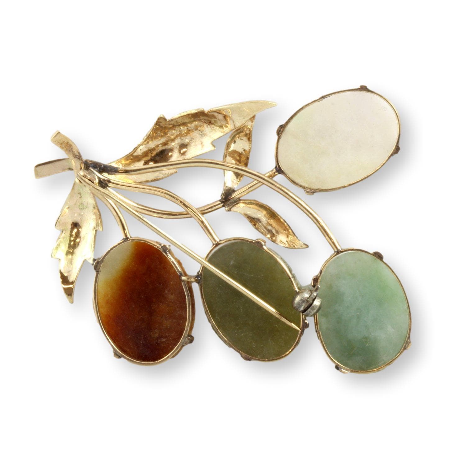 38ctw Nephrite Jade 9K Yellow Gold Botanical Motif Brooch - 2.125"(l) - Thumbnail 3