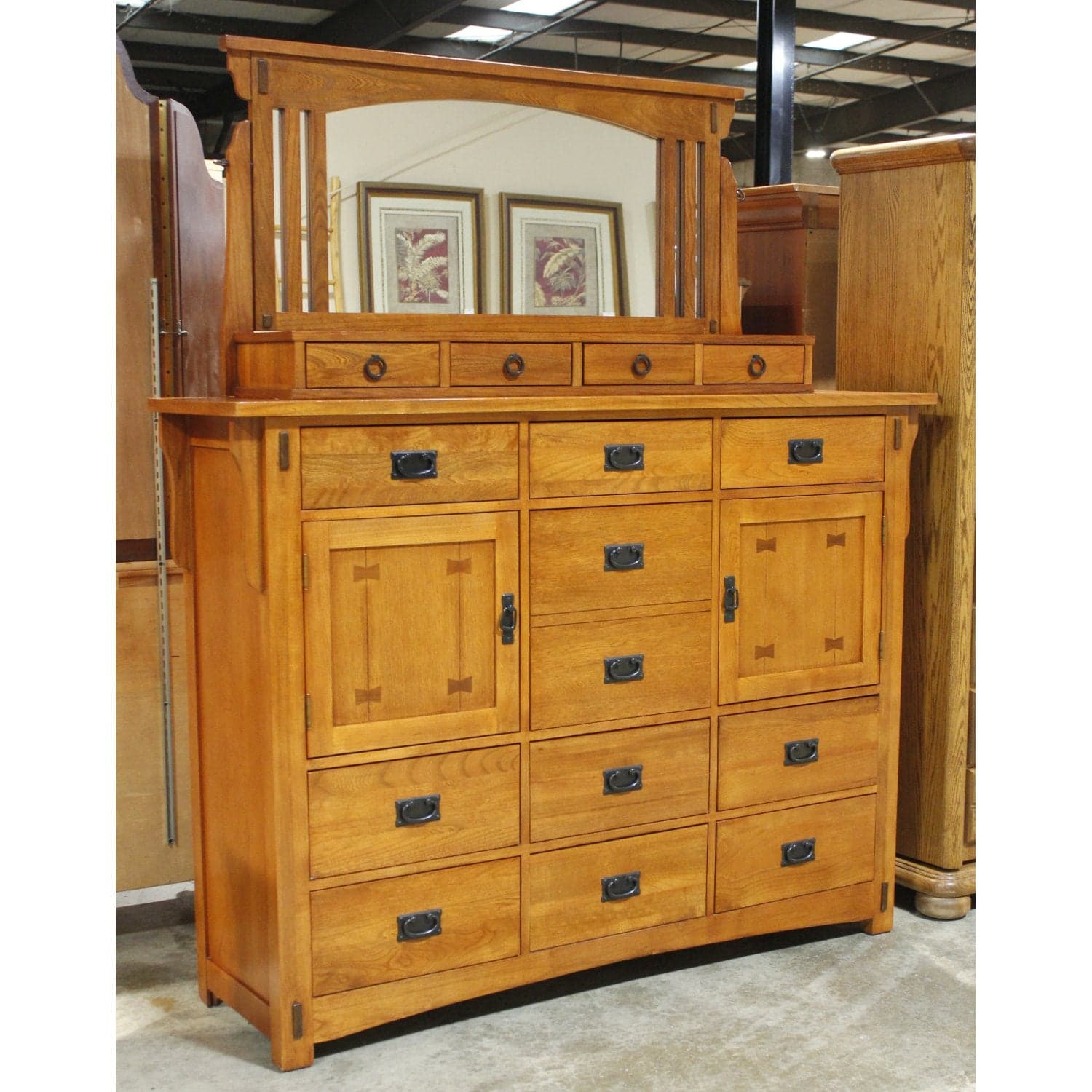 Oak Furniture Warehouse Mission Style Oak Mule Dresser w/Mirror - Thumbnail 3