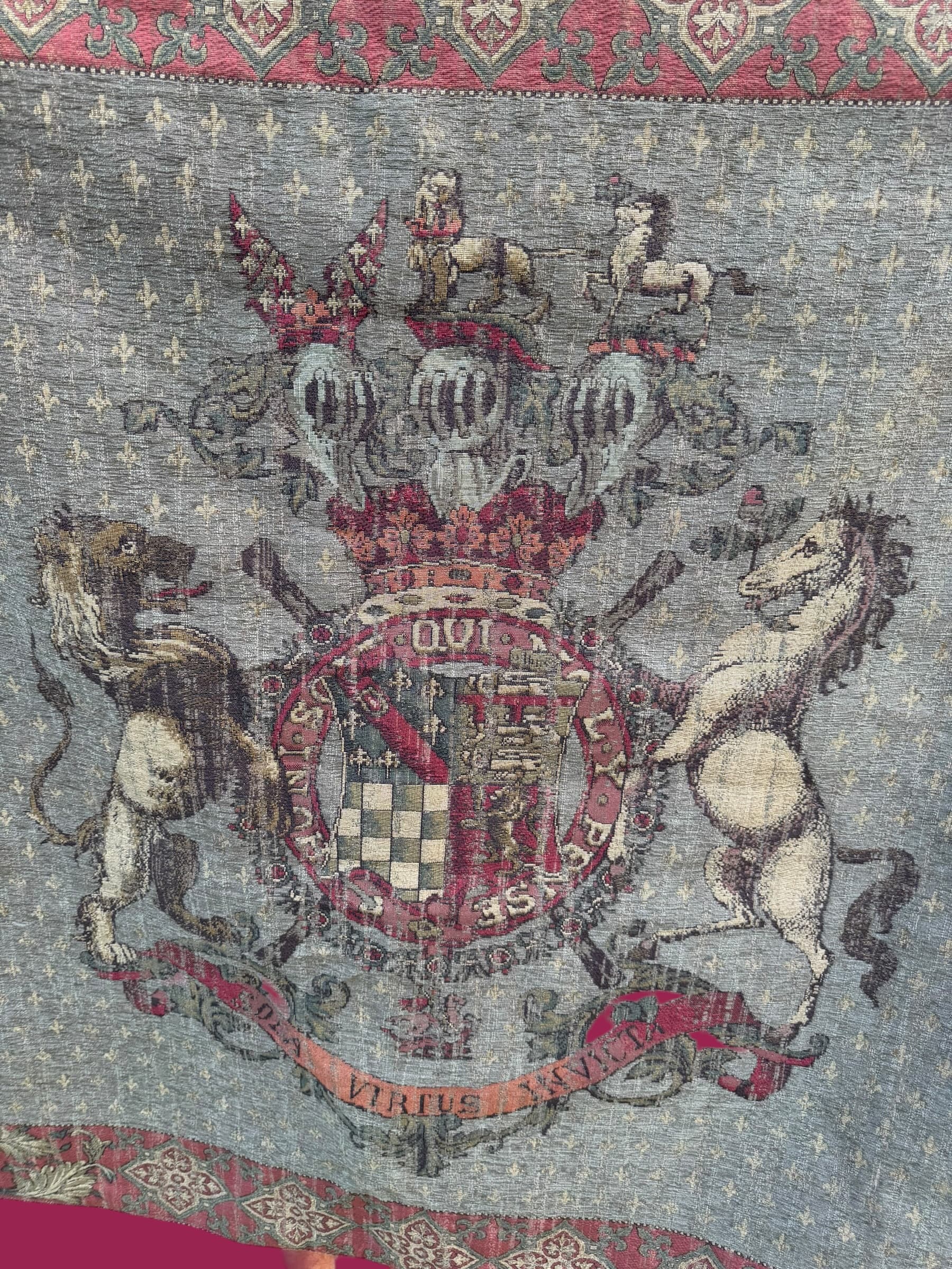 Vintage Heraldic Coat of Arms Tapestry Wall Hanging Lion Unicorn Woven Panel - Thumbnail 2