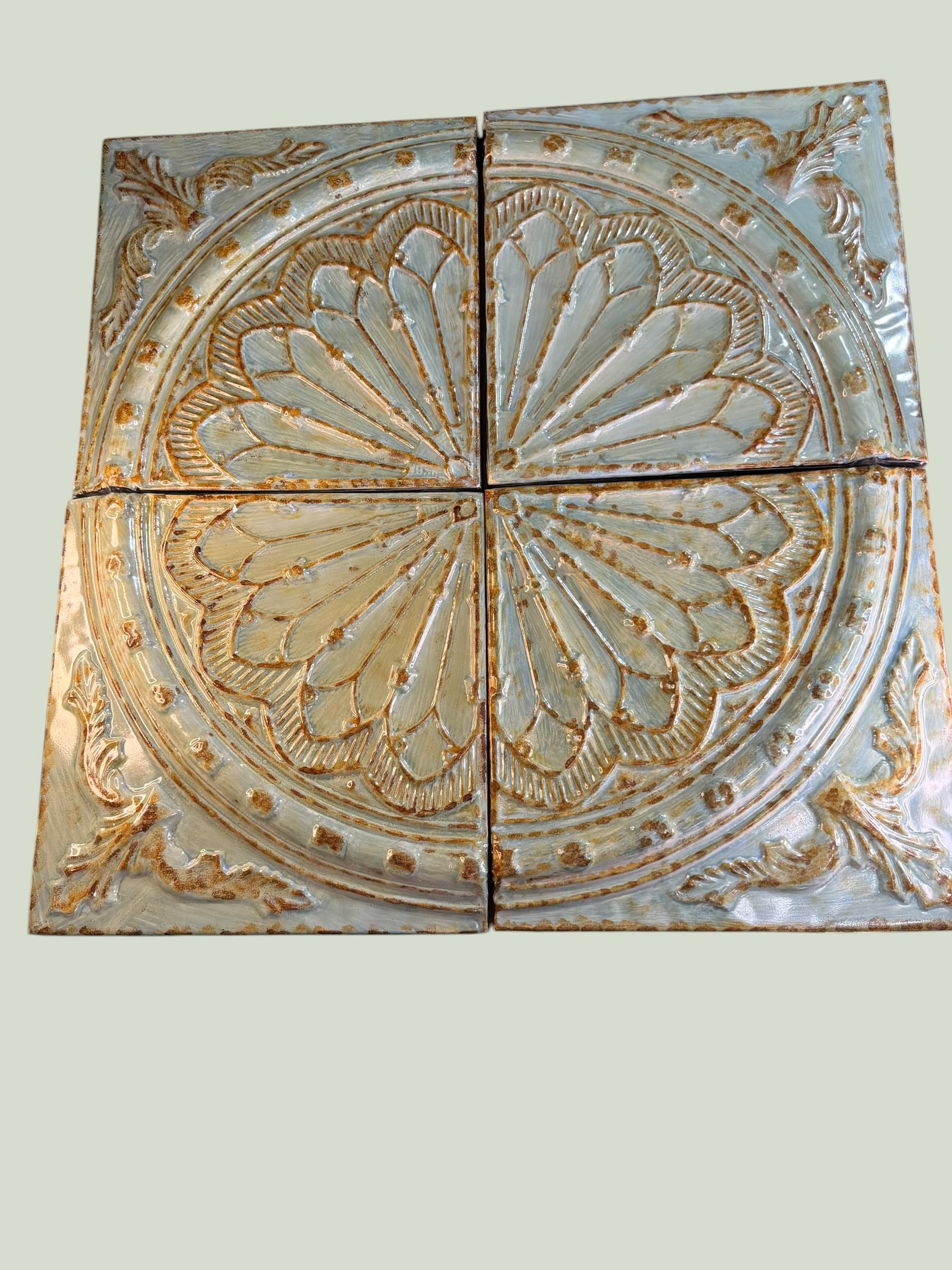 Pressed Tin Ceiling Tile Set 4pc Glazed Rosette Medallion Old World Wall Decor - Image 1