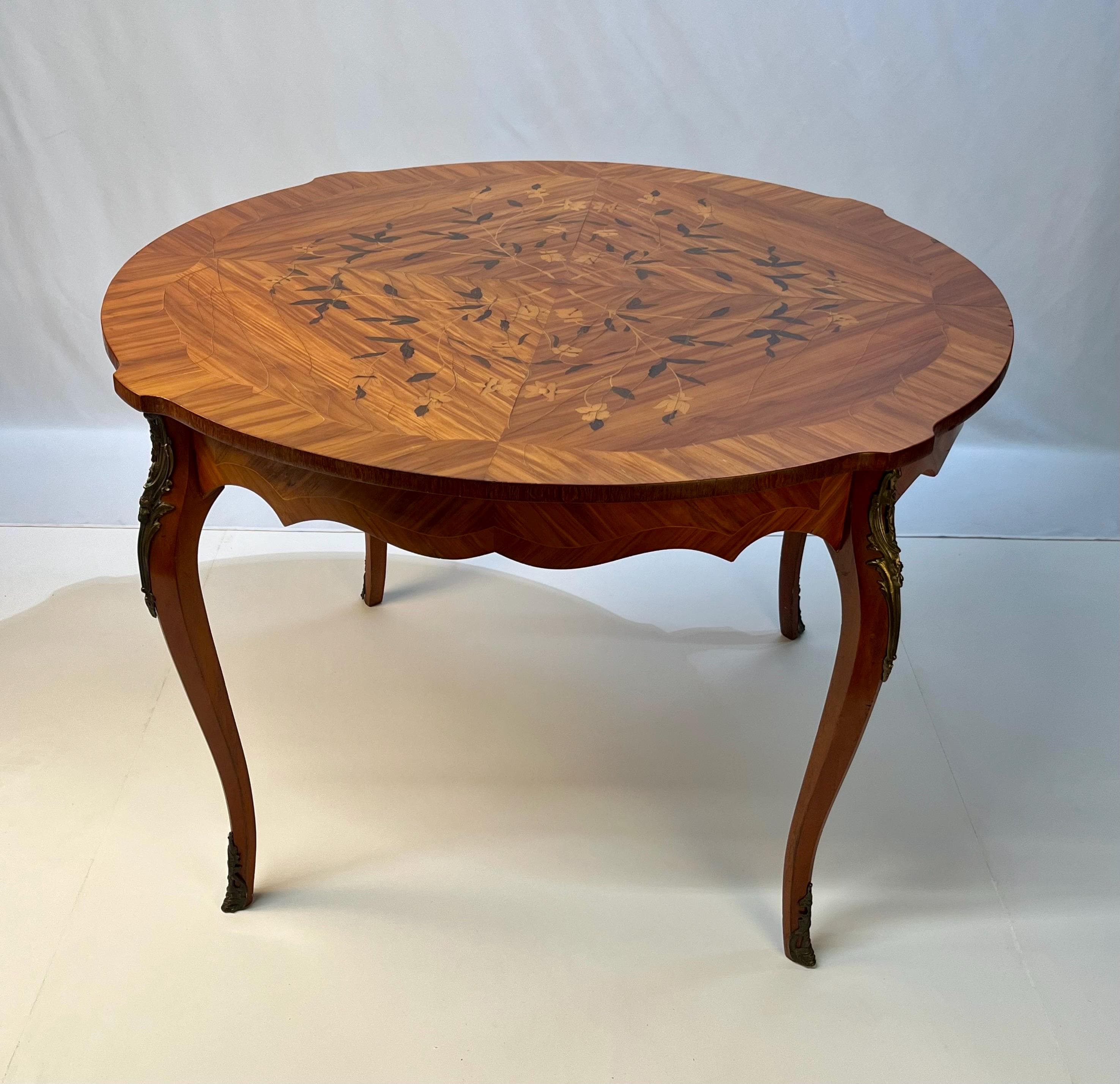 French Louis XV Style Marquetry & Gilt Bronze Table