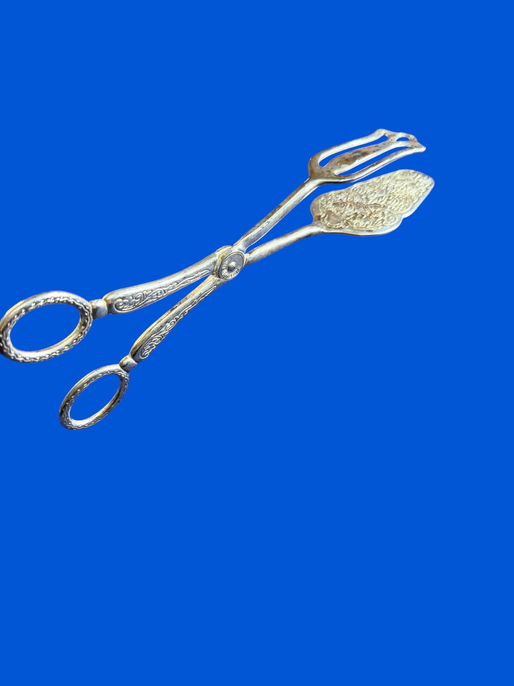 TITLE Vintage Silver Plated Ornate Scissor Pastry Cake Salad Serving Tongs EP Zinc Alloy Cottagecore - Image 1