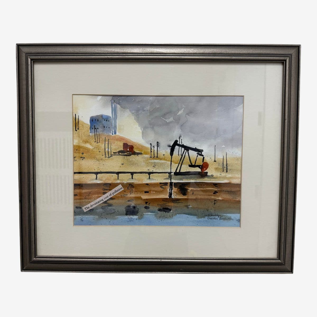 Vintage Framed Water Color "The Devastating Cost of Pollution" Signed by Artist - Image 1