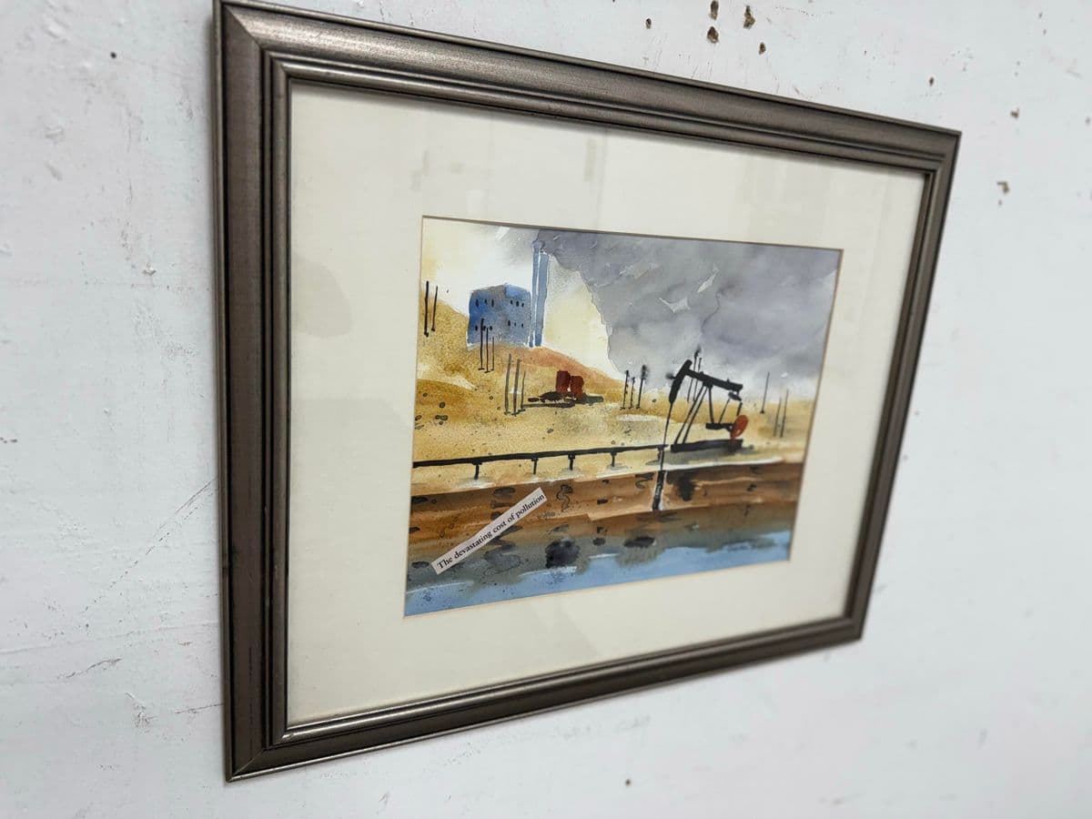 Vintage Framed Water Color "The Devastating Cost of Pollution" Signed by Artist - Thumbnail 3