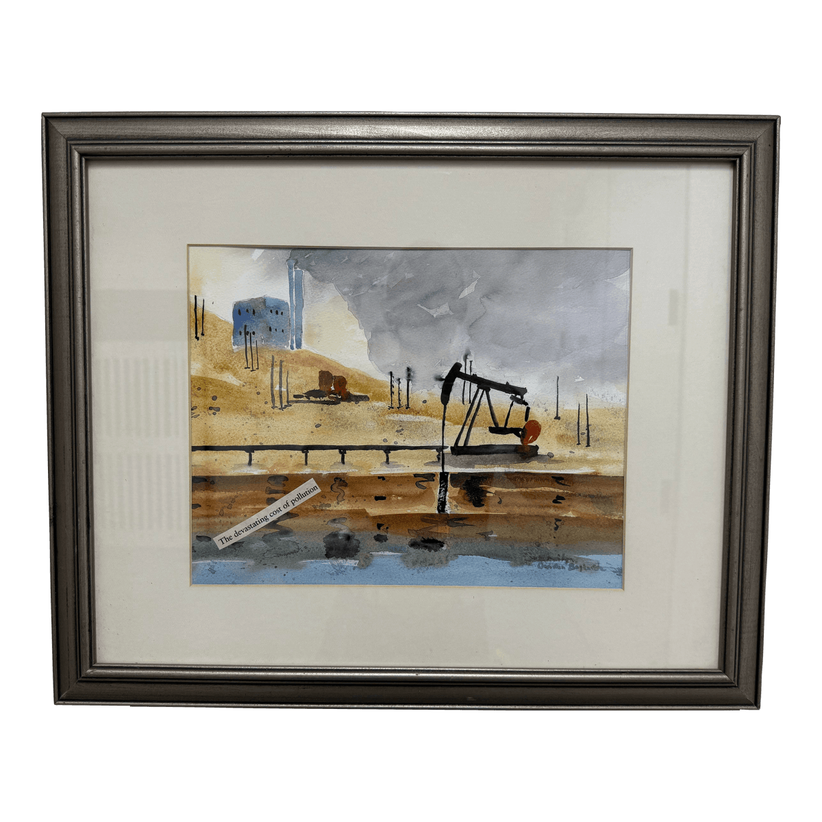 Vintage Framed Water Color "The Devastating Cost of Pollution" Signed by Artist - Thumbnail 2