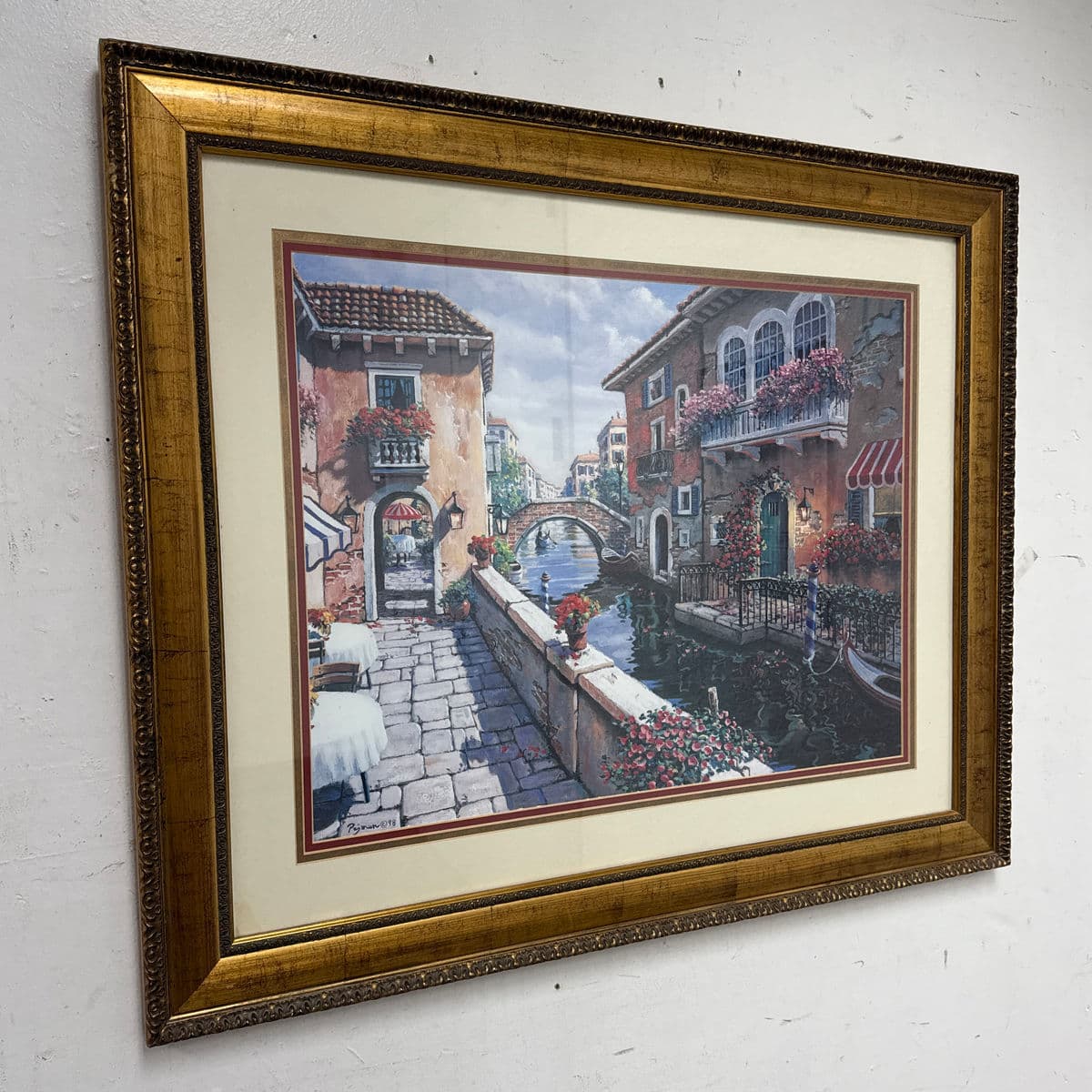 Circa 1998 Gold Framed Venetian Canals Artwork, Signed + Dated - Thumbnail 4