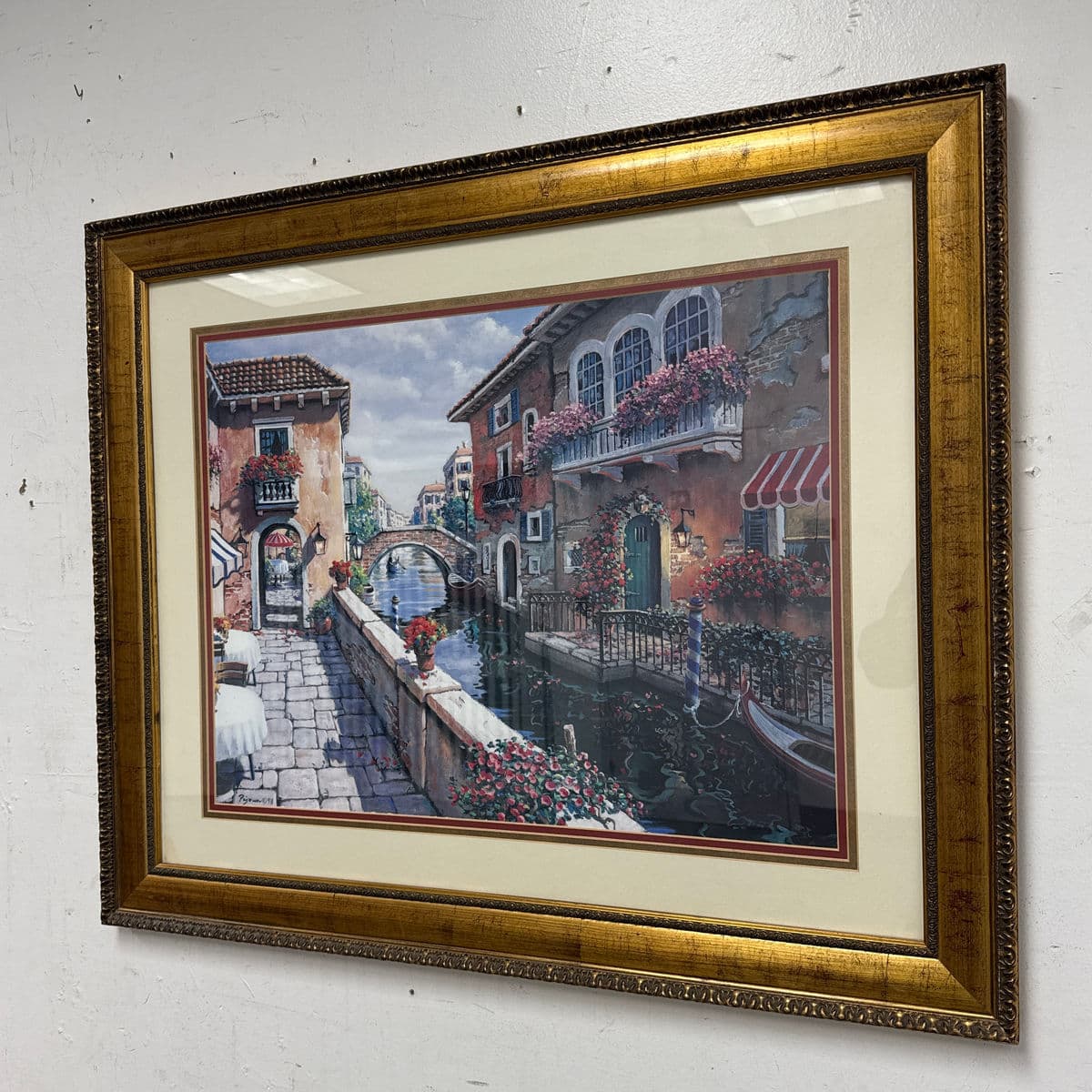Circa 1998 Gold Framed Venetian Canals Artwork, Signed + Dated - Thumbnail 3