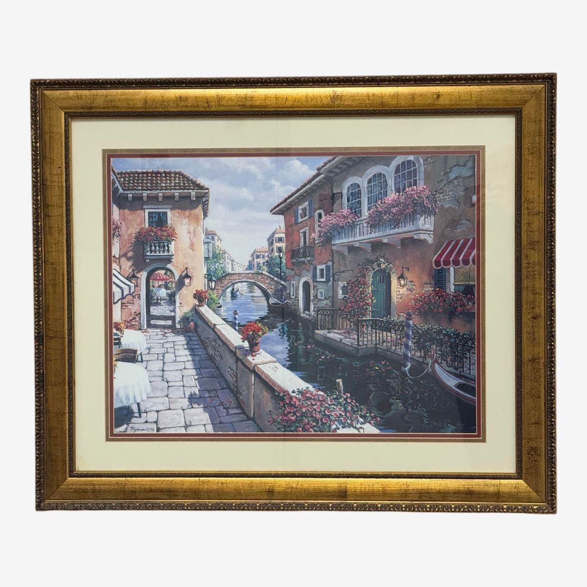 Circa 1998 Gold Framed Venetian Canals Artwork, Signed + Dated - Image 1