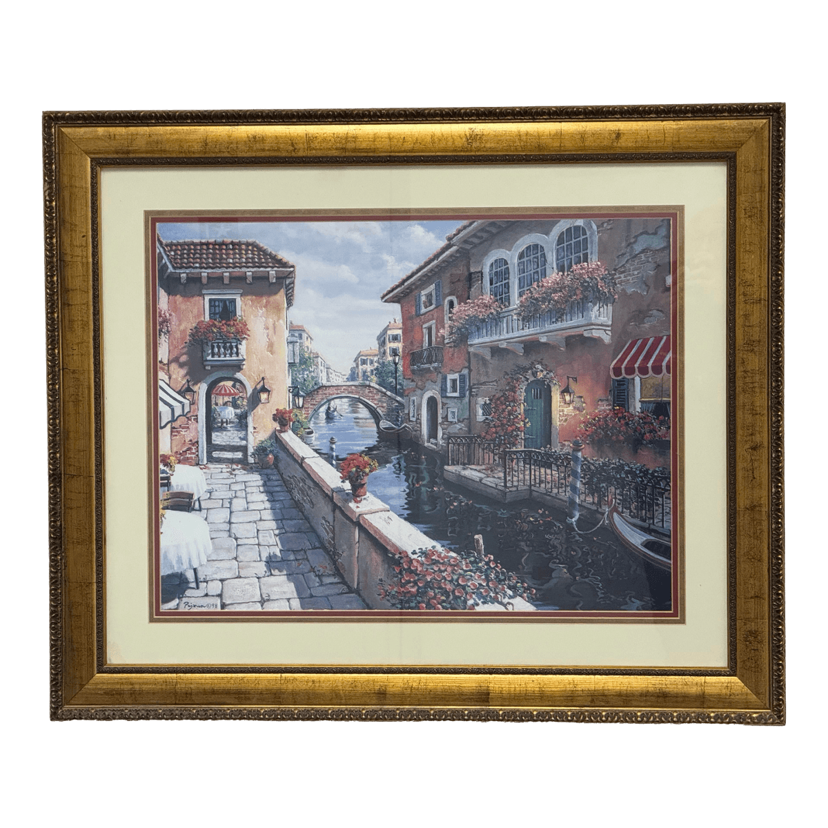 Circa 1998 Gold Framed Venetian Canals Artwork, Signed + Dated - Thumbnail 2