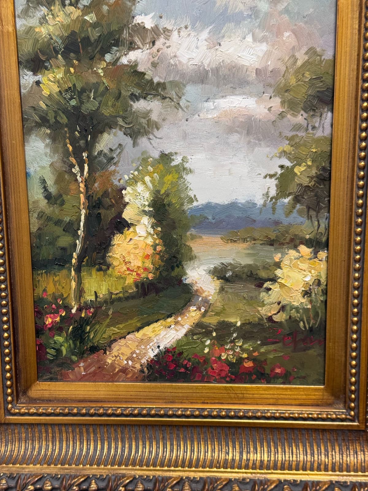 Vintage Giltwood Sunny Day on Open Road Canvas Oil on Painting, Signed - Thumbnail 6