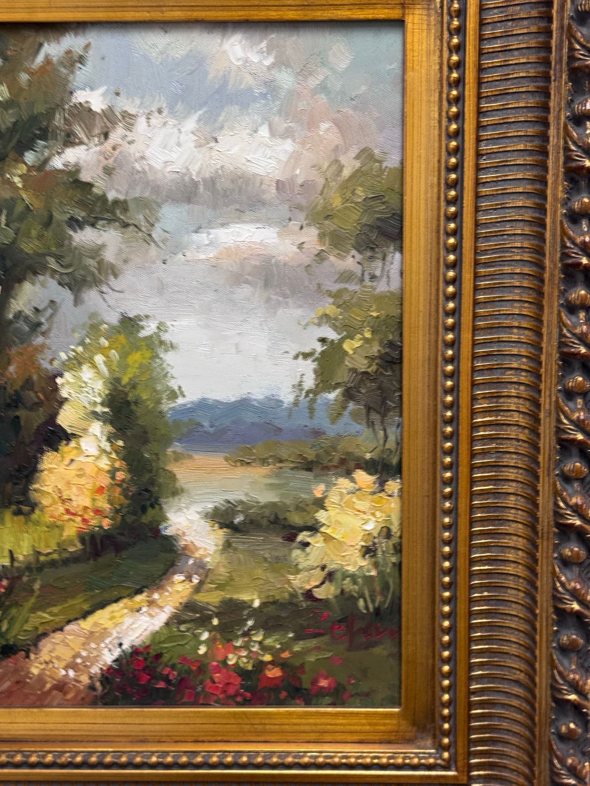 Vintage Giltwood Sunny Day on Open Road Canvas Oil on Painting, Signed - Thumbnail 7