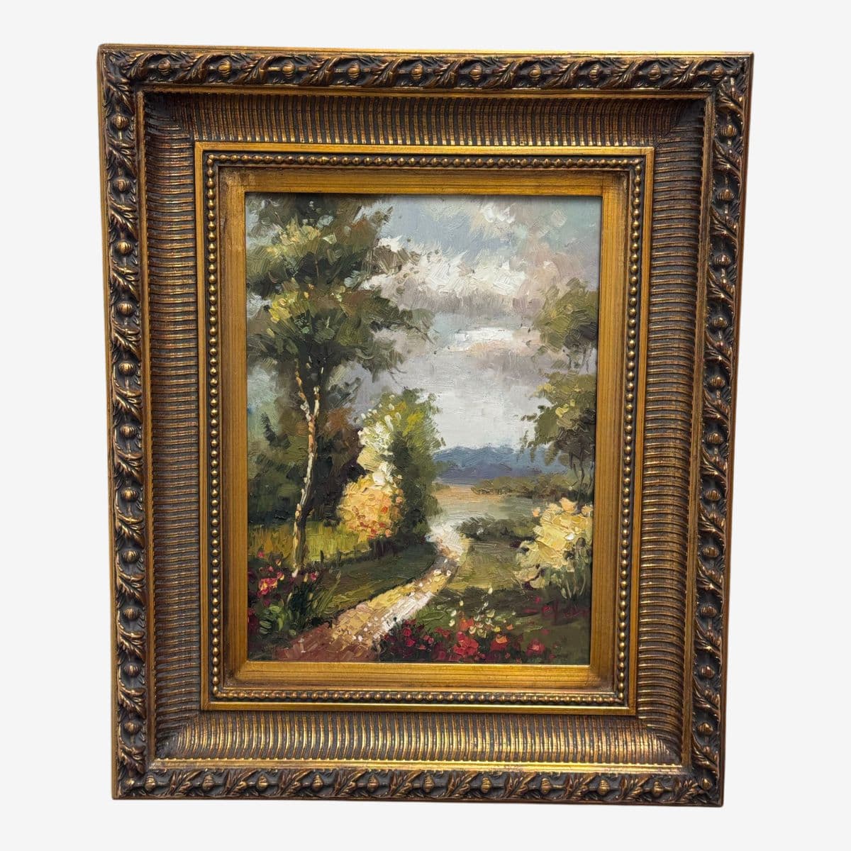 Vintage Giltwood Sunny Day on Open Road Canvas Oil on Painting, Signed - Image 1