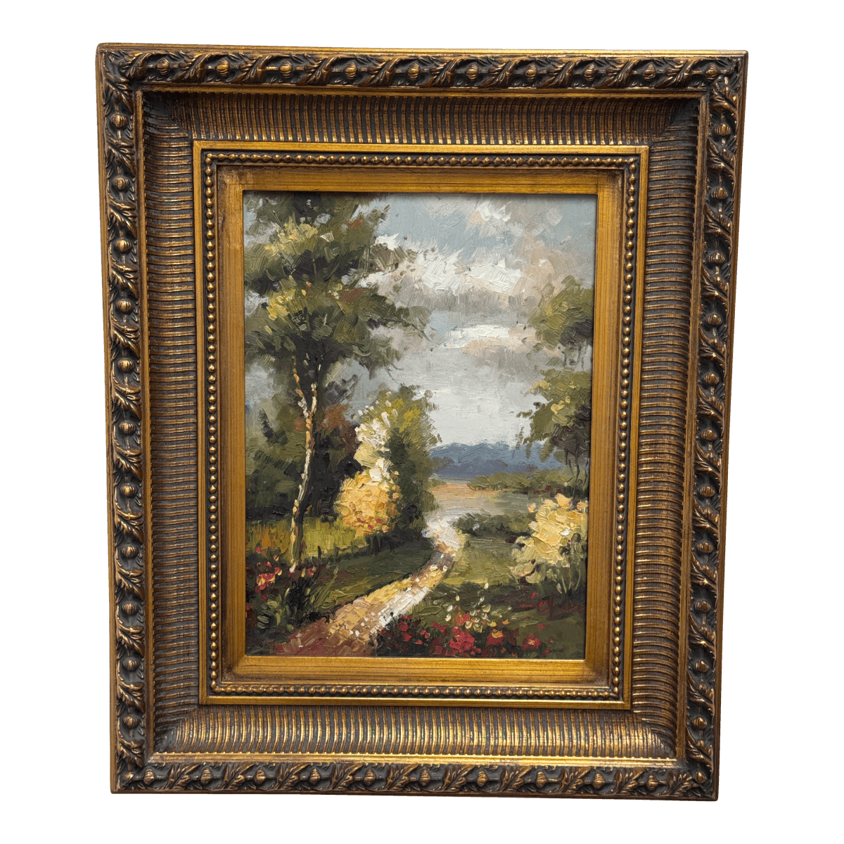 Vintage Giltwood Sunny Day on Open Road Canvas Oil on Painting, Signed - Thumbnail 2
