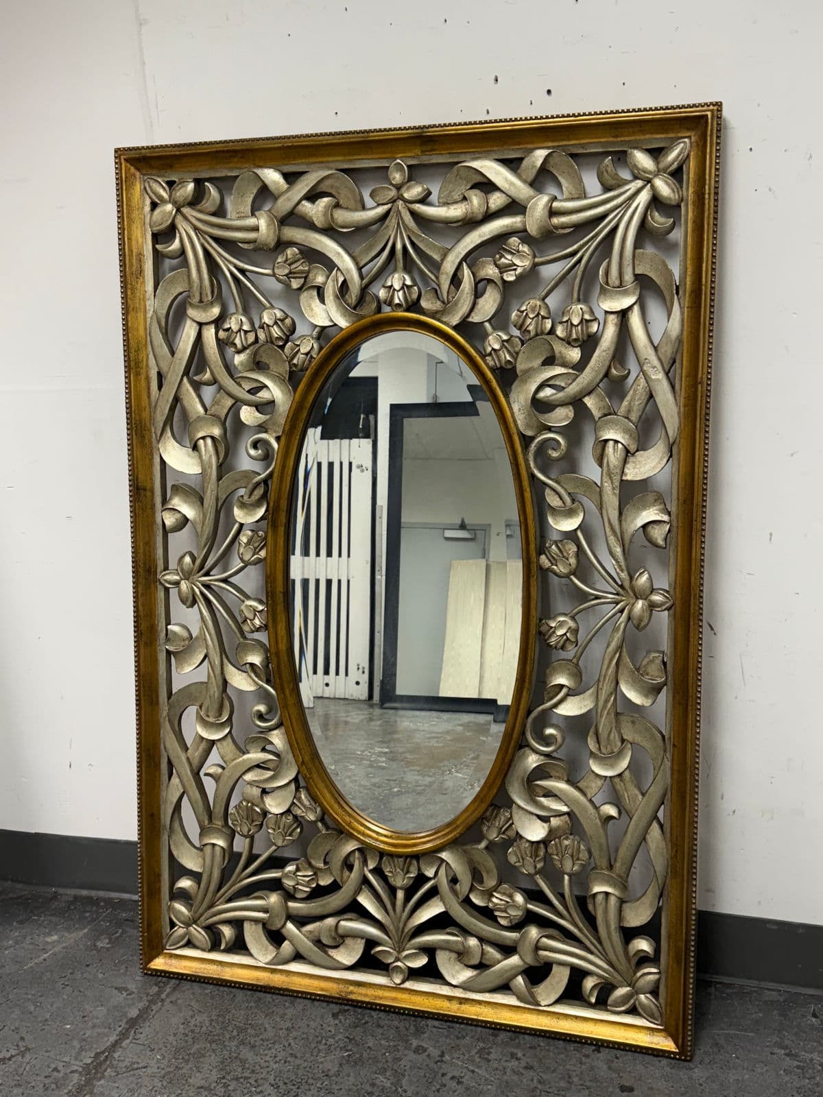 Silver + Gold Trellis Framed Looking Glass Mirror Panel - Thumbnail 3