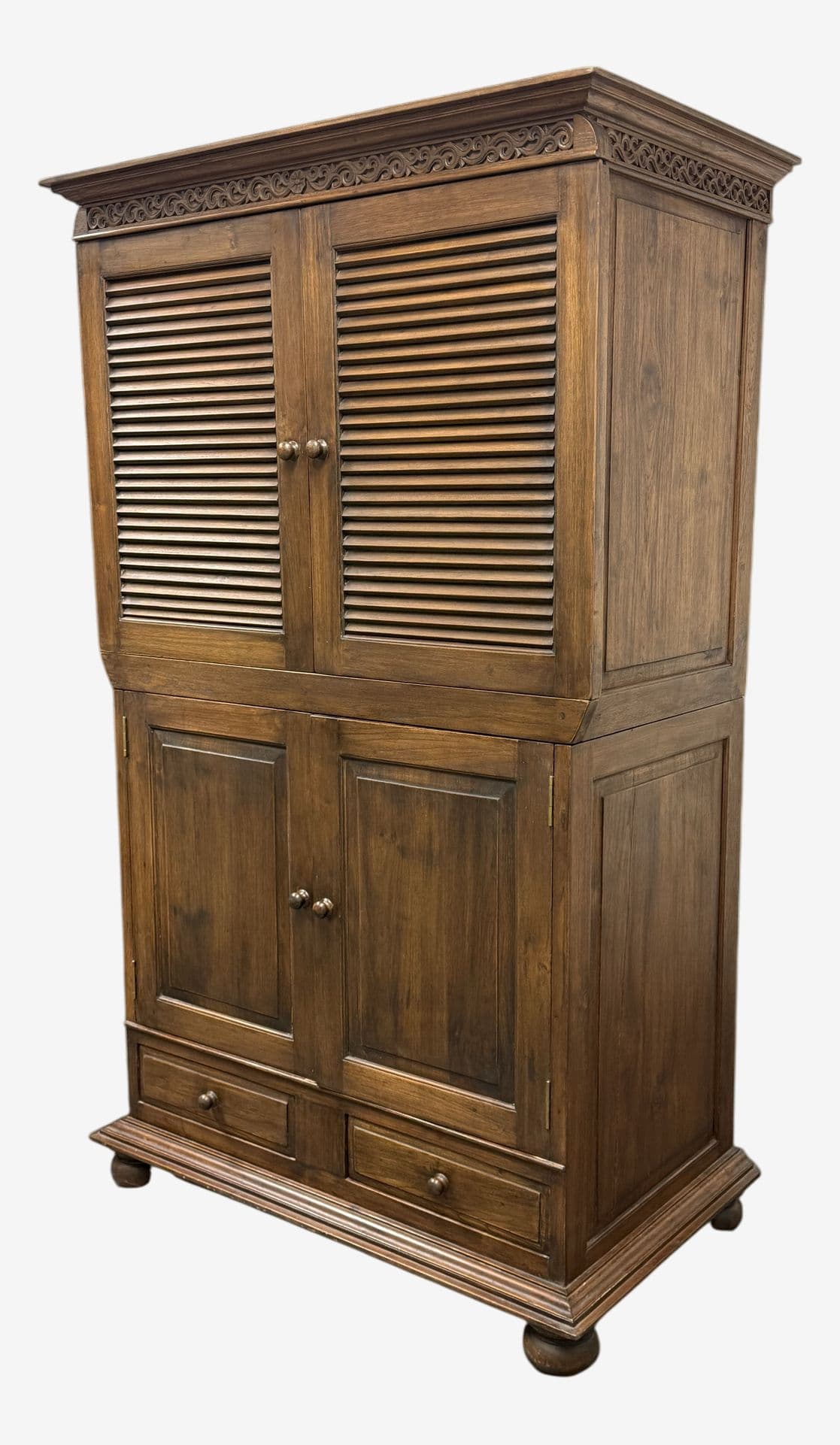 Vintage Solid Teak Wood Entertainment Two Piece Armoire - Image 1