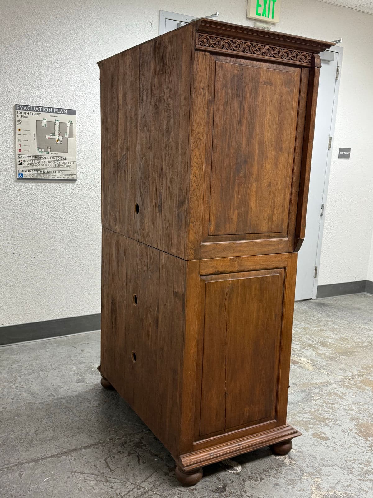 Vintage Solid Teak Wood Entertainment Two Piece Armoire - Thumbnail 6