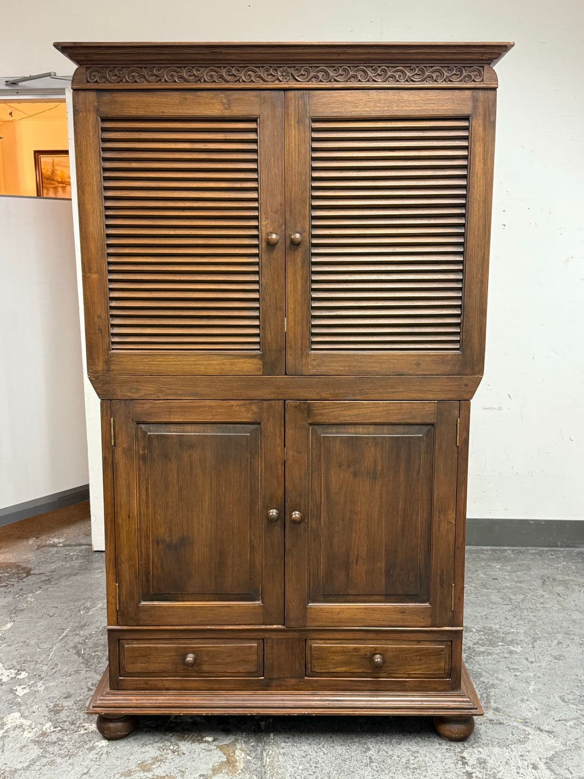 Vintage Solid Teak Wood Entertainment Two Piece Armoire - Thumbnail 4