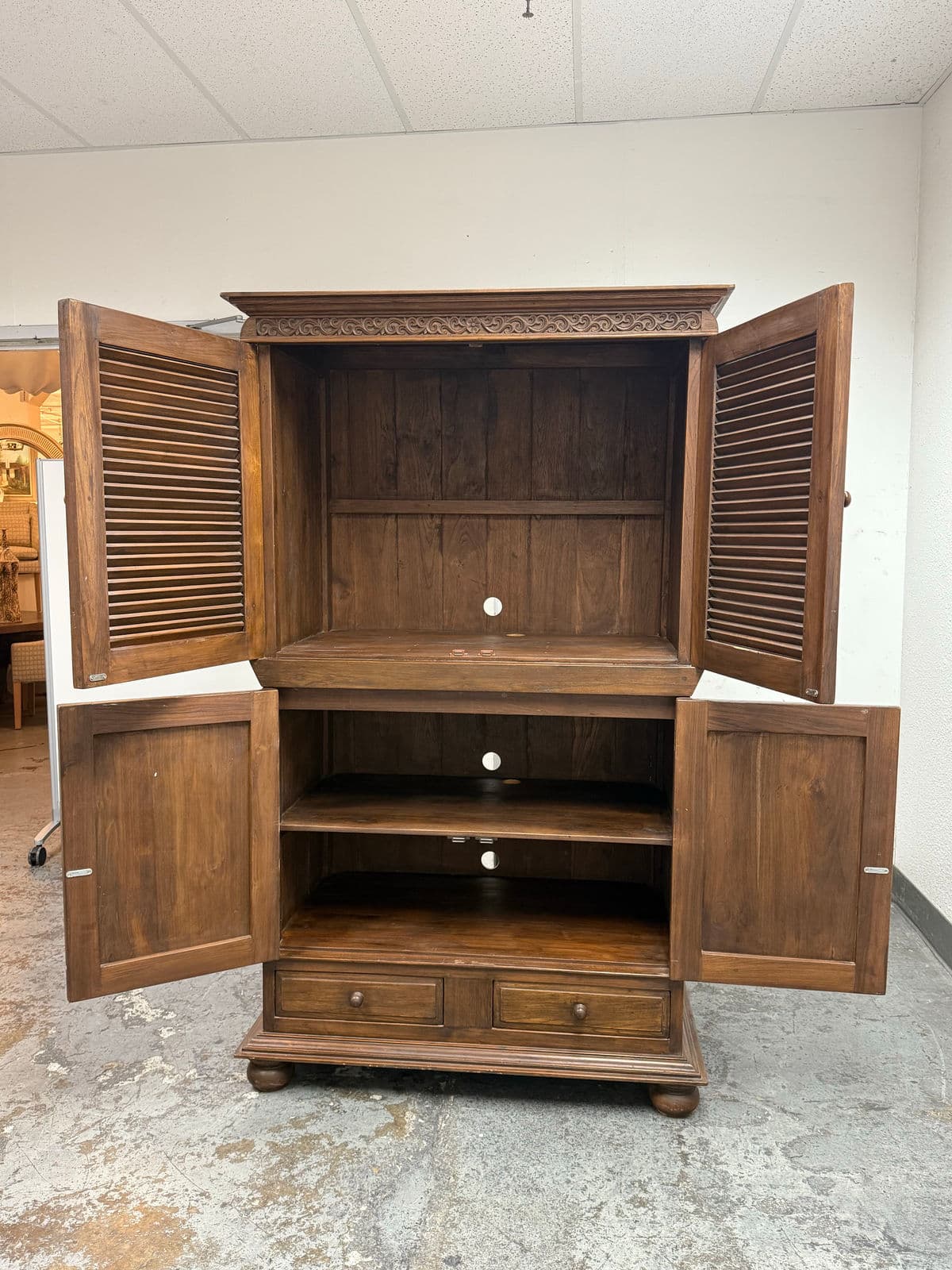 Vintage Solid Teak Wood Entertainment Two Piece Armoire - Thumbnail 3