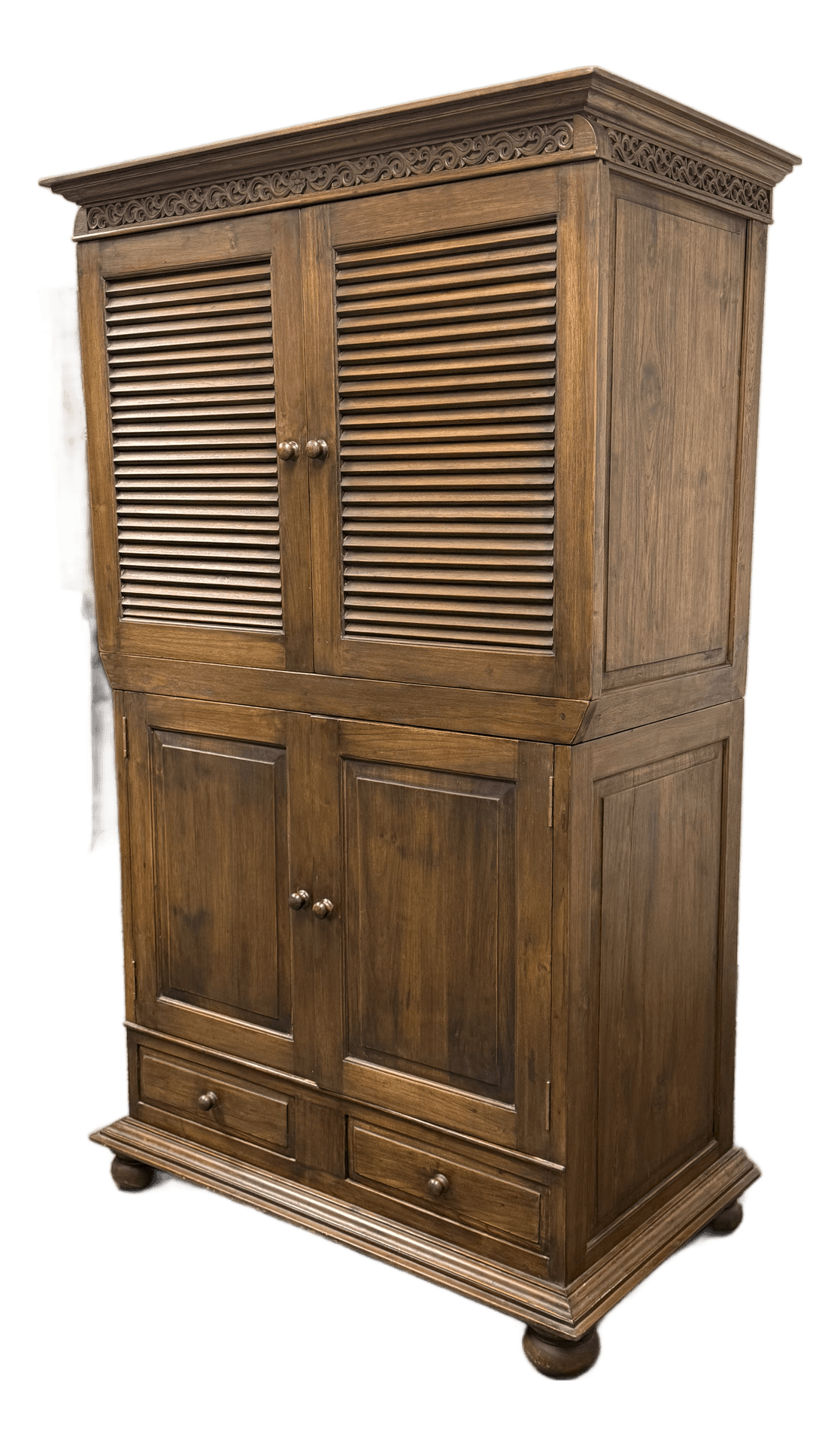 Vintage Solid Teak Wood Entertainment Two Piece Armoire - Thumbnail 2